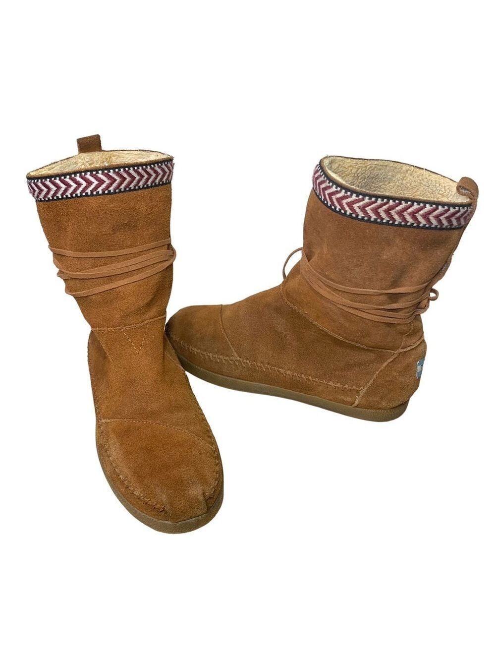 Toms Suede Leather Fleeced Moccasin Boots Rusty Brown Sz 8 Fleece Lining Native